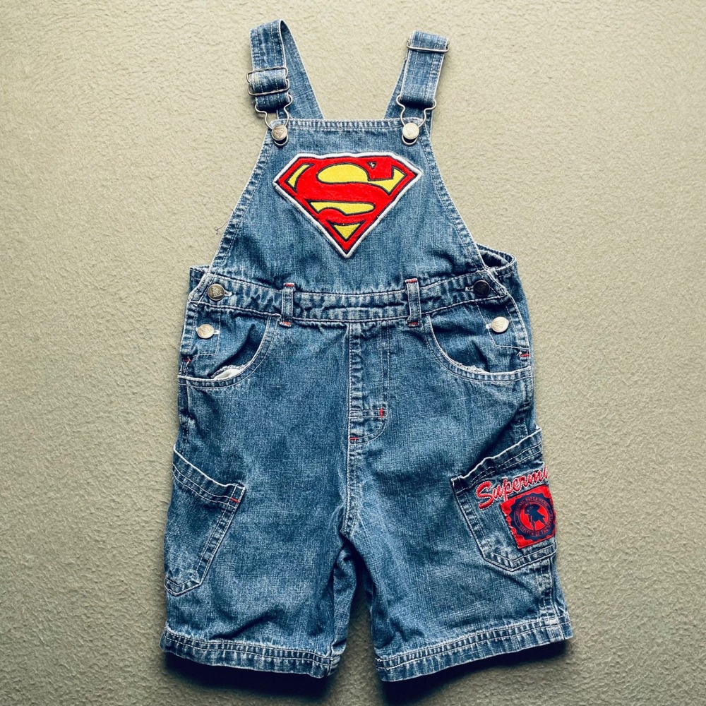 DC Comics Boys VTG Overalls Shortalls Cotton Denim 3T Superman Superhero Blue